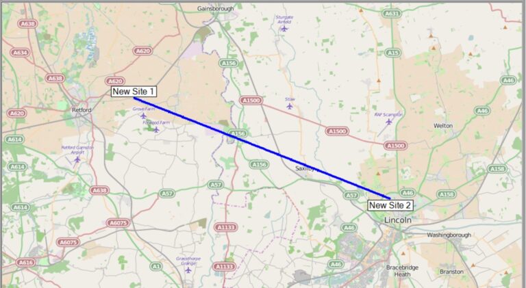Map showing location of two new telecom sites connected by a blue line between New Site 1 near Retford and New Site 2 near Lincoln in the UK.