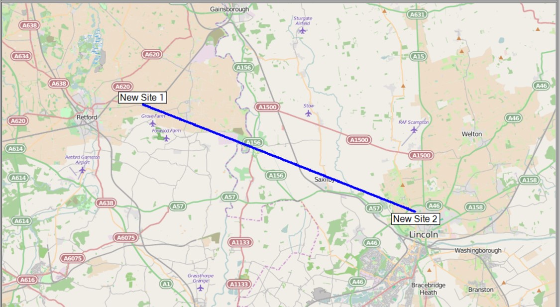 Map showing location of two new telecom sites connected by a blue line between New Site 1 near Retford and New Site 2 near Lincoln in the UK.