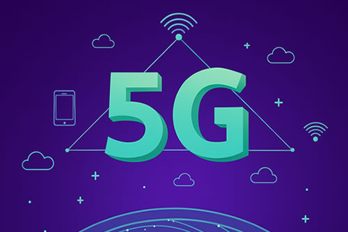 Digital illustration representing 5G technology with a glowing 5G symbol above a connected globe and various icons depicting wireless communication and cloud computing on a dark blue background.