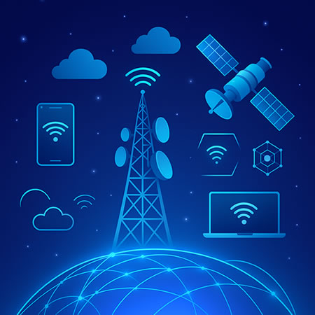 Digital illustration showing advancements in wireless telecommunication technology with futuristic cityscape, network nodes, and interconnected data streams symbolizing future connectivity trends.