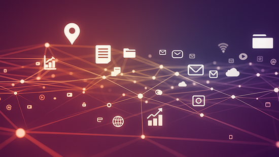 Abstract digital network with glowing interconnected lines and white technology icons on a purple-to-orange gradient background, symbolising data, communication, and connectivity.