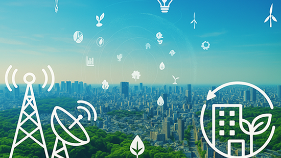 Futuristic city skyline with green spaces, communication towers, and eco-friendly icons representing sustainability and technology.