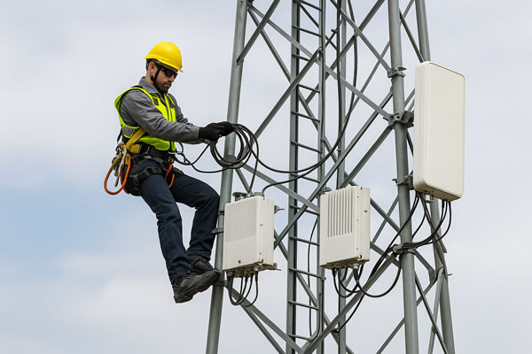 Telecommunications worker in full PPE, including hard hat, high-visibility vest and gloves, using tools to service radio equipment mounted high on a telecom tower against a clear blue sky.