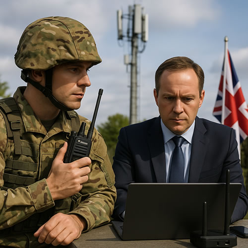 Military personnel in uniform and a civilian official reviewing data on a laptop with tactical communication equipment and Union Jack flag in the background.