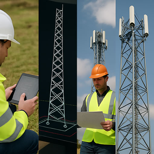 A four-stage visual of telecom tower construction: a field engineer inspects plans on a tablet, a CAD design of a tower is displayed on a screen, another engineer reviews blueprints in front of an installed tower, and the final panel shows a steel mast under active construction with visible mounting components.