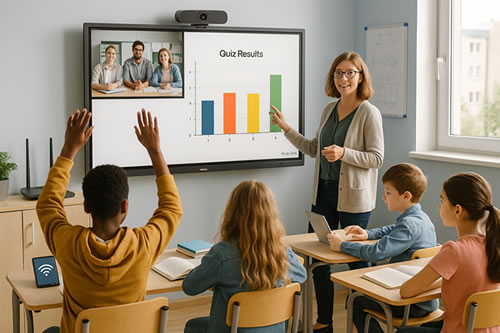 Teacher presenting quiz results on a digital screen to primary school pupils in a connected classroom with video conferencing.