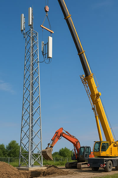 Tower/Mast being constructed with diggers and cherry pickers on the ground