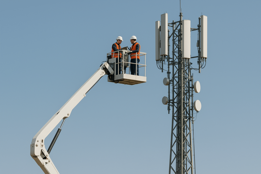 Telecom engineers in a cherry picker performing maintenance on a mobile network mast against a clear blue sky.