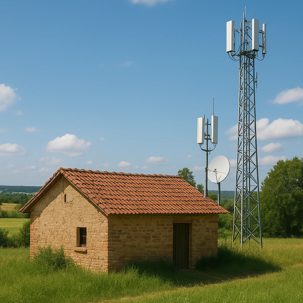Rural mobile network mast and satellite dish next to a small brick building in a countryside field under a blue sky.