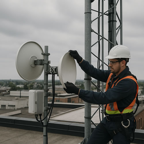 Engineer in PPE removing a microwave dish from a rooftop telecom tower during radio site decommissioning, with city buildings visible in the background.