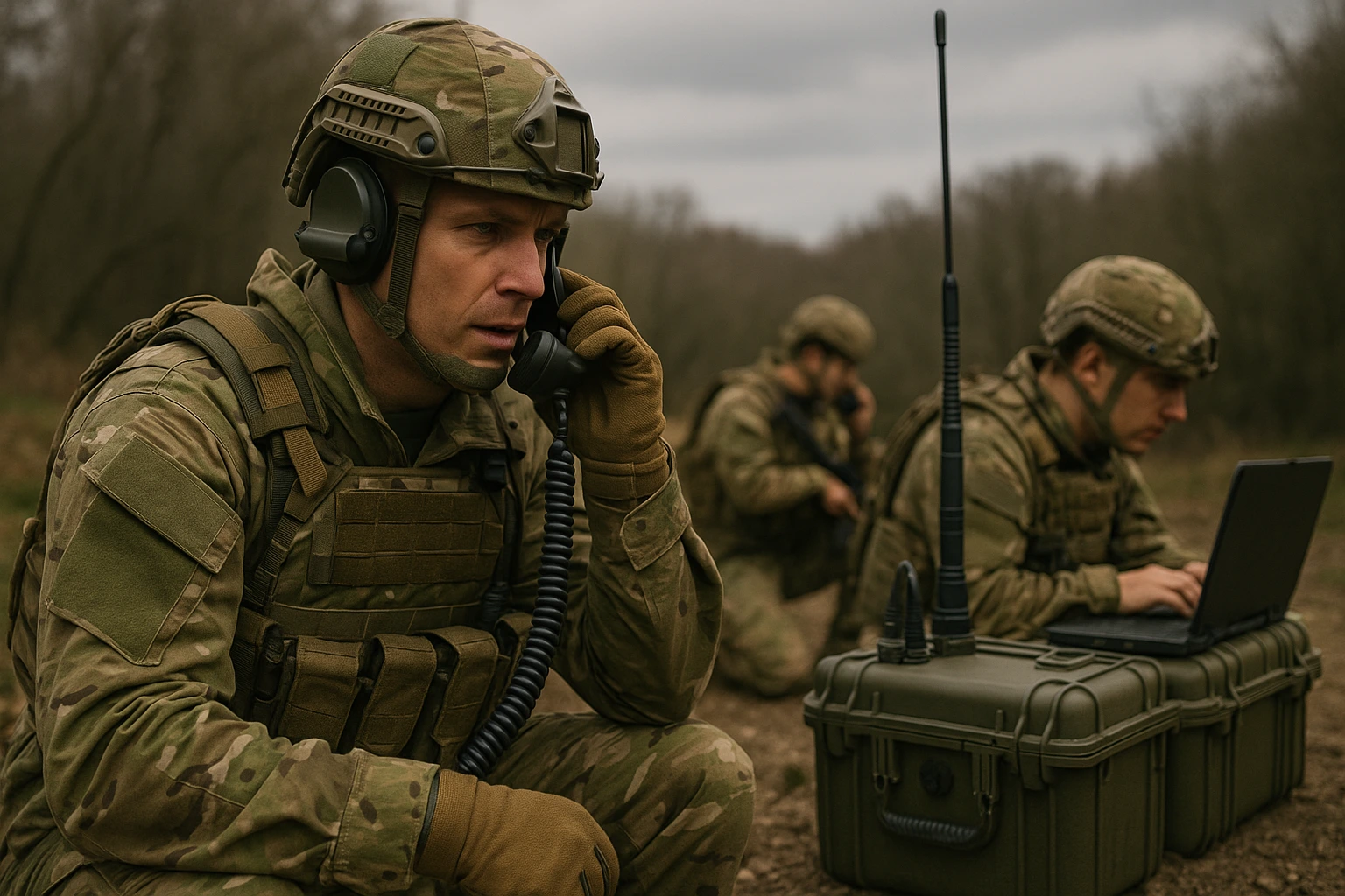 Soldiers in camouflage operating military communication equipment in a field setting, using a radio and rugged laptop for secure tactical coordination.