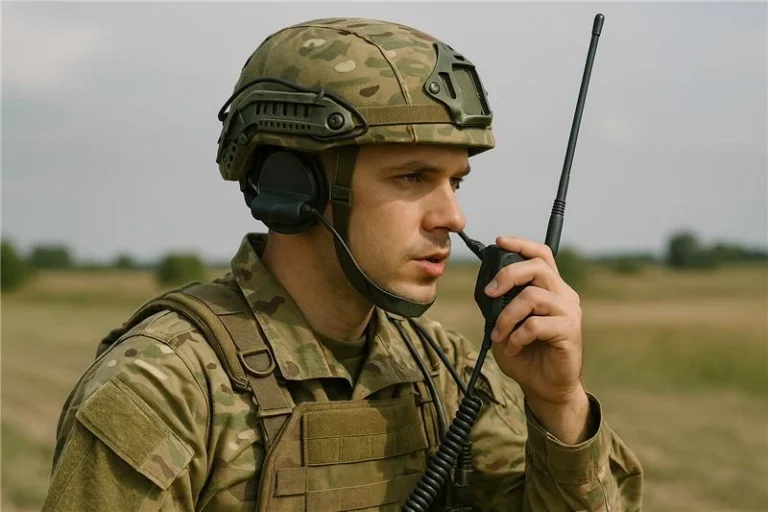 Soldier in tactical gear using a military radio for communication during field operations in a rural environment.