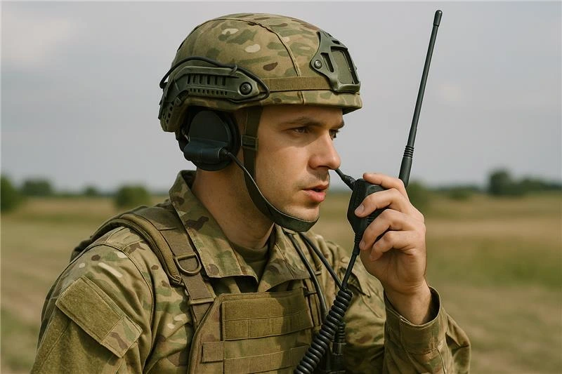 Soldier in tactical gear using a military radio for communication during field operations in a rural environment.