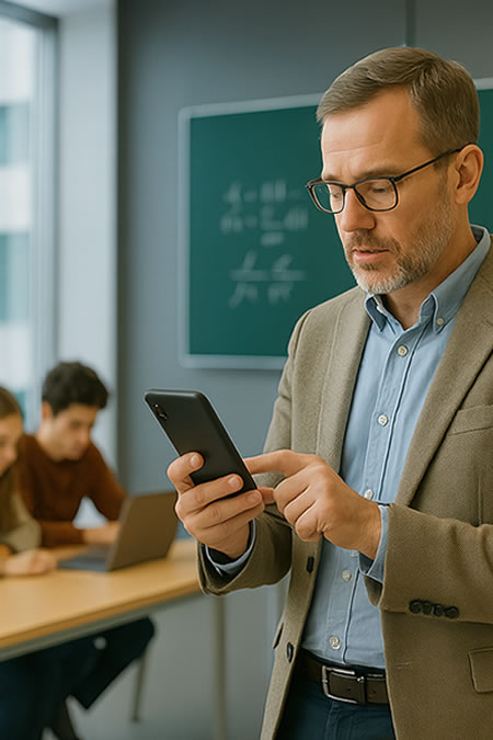 Teacher in a classroom using a mobile phone