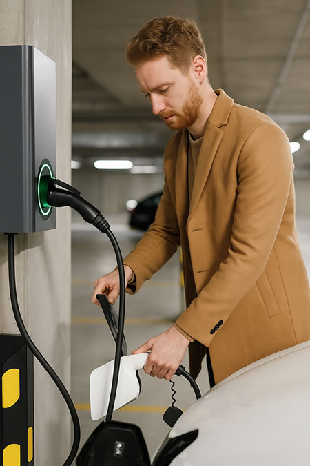 Man charging an electric vehicle at an indoor EV charging station in a modern car park.