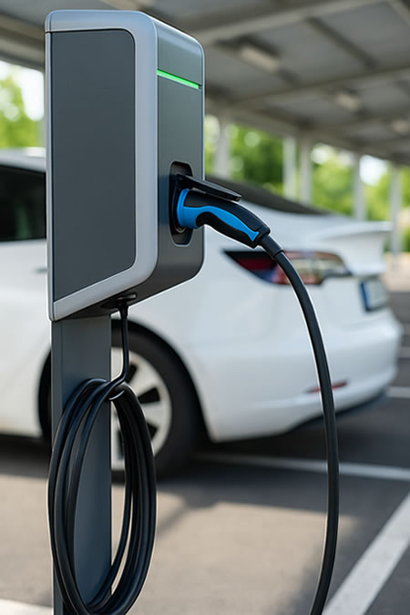 Electric vehicle charging at a modern EV charge point in a covered car park.