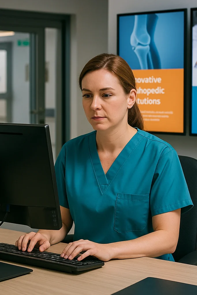 Hospital receptionist in medical scrubs working at a computer with digital health signage on the wall behind her.