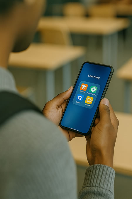 Close-up of a student using a smartphone with educational apps open in a modern university classroom.