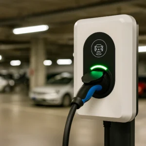 Electric vehicle charging station in an indoor car park with a charging cable connected and green LED indicator illuminated.