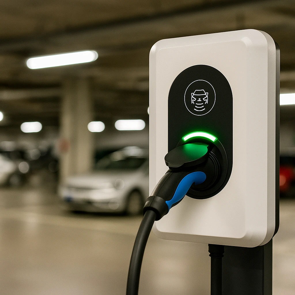 Electric vehicle charging station in an indoor car park with a charging cable connected and green LED indicator illuminated.