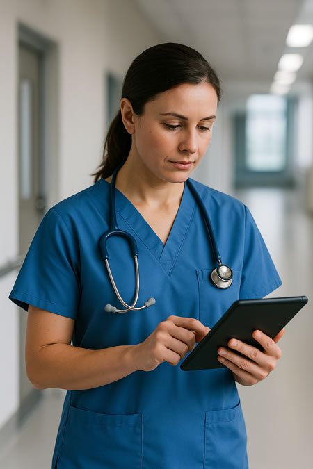 Female healthcare professional in medical scrubs using a digital tablet in a hospital corridor.