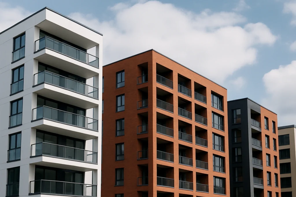Modern apartment buildings under a clear sky, representing managed residential properties.