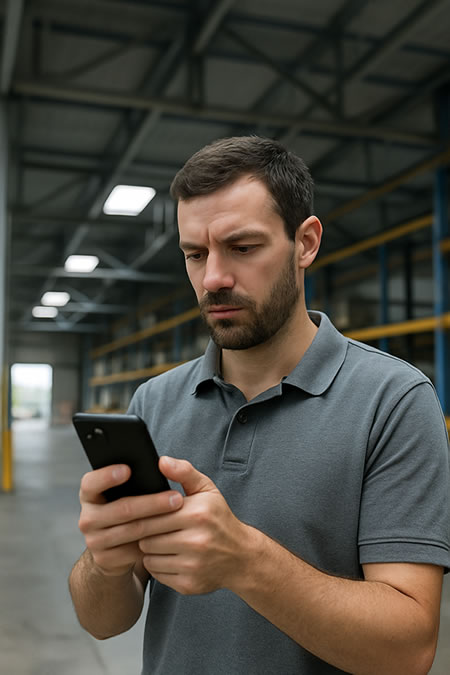 Warehouse worker using a smartphone for inventory management in a large industrial storage facility.