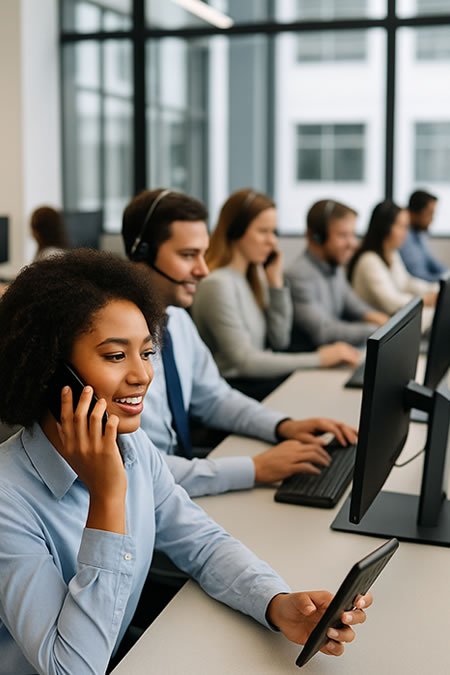 Customer service agents working in a bright, modern call centre, using headsets and mobile phones at their desks.