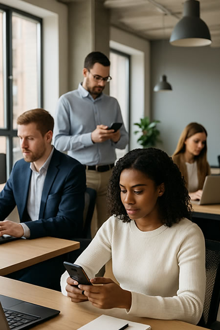 Professionals working on laptops and smartphones in a modern open-plan office environment.