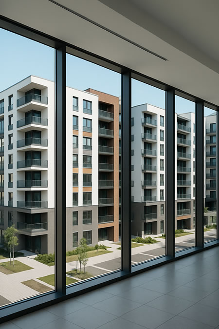 Modern apartment buildings viewed through large glass windows in a contemporary residential development.