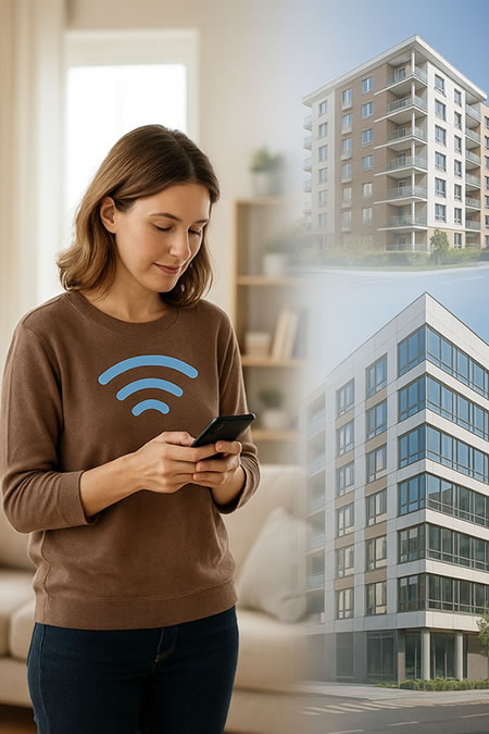 Property manager using a mobile phone inside a modern residential building, representing mobile signal solutions for managed properties.