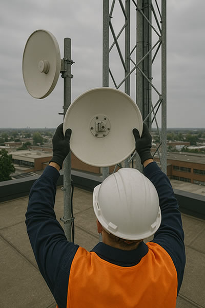 Engineer in safety gear removing a microwave dish from a rooftop telecom tower, viewed from behind to show the decommissioning process from the worker’s perspective.