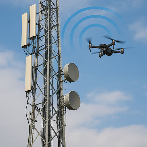 A drone conducting an RF survey beside a telecommunications tower with signal waves emanating from the antennas.