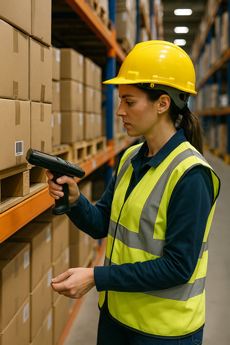 Female warehouse worker in high-visibility vest scanning barcodes on boxes in an organised storage facility.