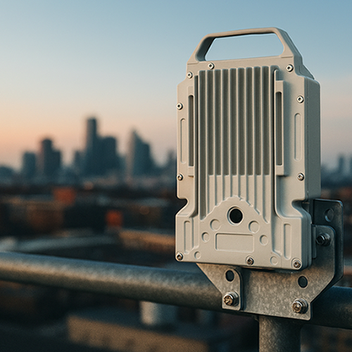 SIAE microwave backhaul radio mounted on rooftop railing with blurred city skyline at dusk.