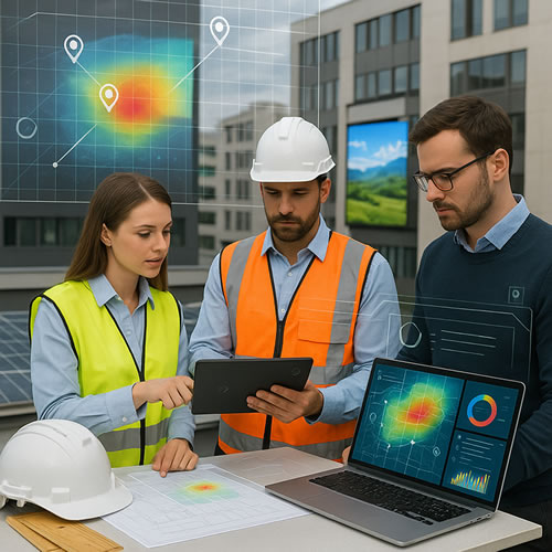 Three engineers on a rooftop site survey—one in a high-vis vest and one wearing a hard hat—examining wireless coverage heatmaps on a tablet, laptop and printed floorplan, with an LED façade visible on a nearby building.