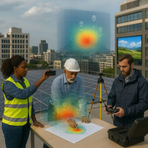 Three surveyors on a rooftop inspecting wireless coverage heatmaps on a printed floorplan and tablet, with drone and tripod equipment nearby and a holographic heatmap overlay against a city skyline.