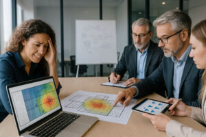 Four professionals in a meeting room reviewing wireless coverage heatmaps on a floorplan and on laptop and tablet screens.