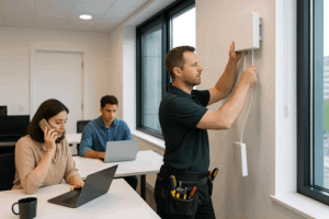 A technician installs a mobile signal booster inside a modern office to improve phone reception and connectivity for employees.