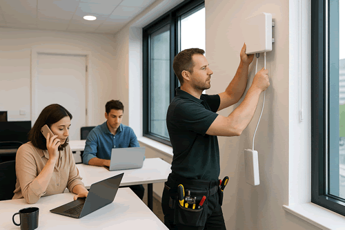A technician installs a mobile signal booster inside a modern office to improve phone reception and connectivity for employees.