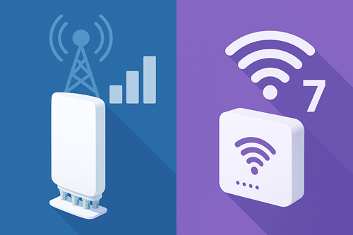 Digital illustration comparing cellular signal boosting technology (Cel-Fi) and next-generation Wi-Fi 7 wireless connectivity, showing network signals and connectivity icons.