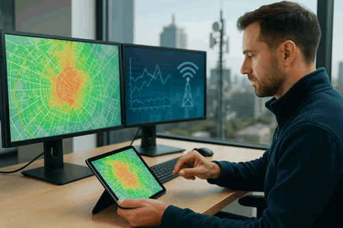 Telecom engineer reviewing network coverage maps and signal data on computer monitors and a tablet in a modern office overlooking city communication towers.