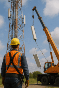 Telecommunications engineer wearing safety gear supervises a crane lifting an antenna from a red-and-white lattice tower during the safe decommissioning of a radio site under a partly cloudy sky.