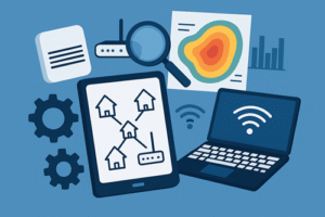 Digital illustration showing tools and wireless network signals representing professional network mapping and connectivity planning.