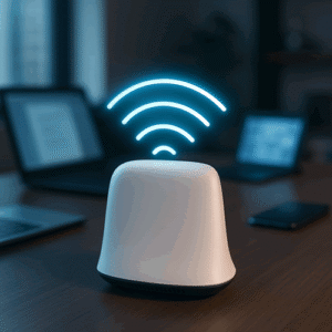 A modern Wi-Fi router on an office desk emitting glowing blue signal waves, symbolising next-generation Wi-Fi 7 connectivity.