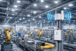 Factory floor with automated machinery and robotic arms, featuring a mounted mobile signal booster transmitting wireless signals across the industrial environment.