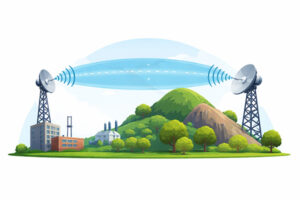 Illustration of a wireless line of sight link between two communication towers showing a clear signal path across terrain.