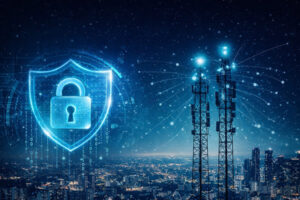 Telecommunications towers transmitting wireless signals above a city at night alongside a glowing digital shield and padlock symbolising cybersecurity and data protection.